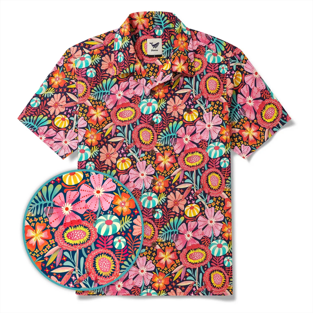 Men's Hawaiian Shirt Short Sleeve Camp Collar 100% Cotton Blue Aloha Multicolor Super Bloom By Uta Krogmann