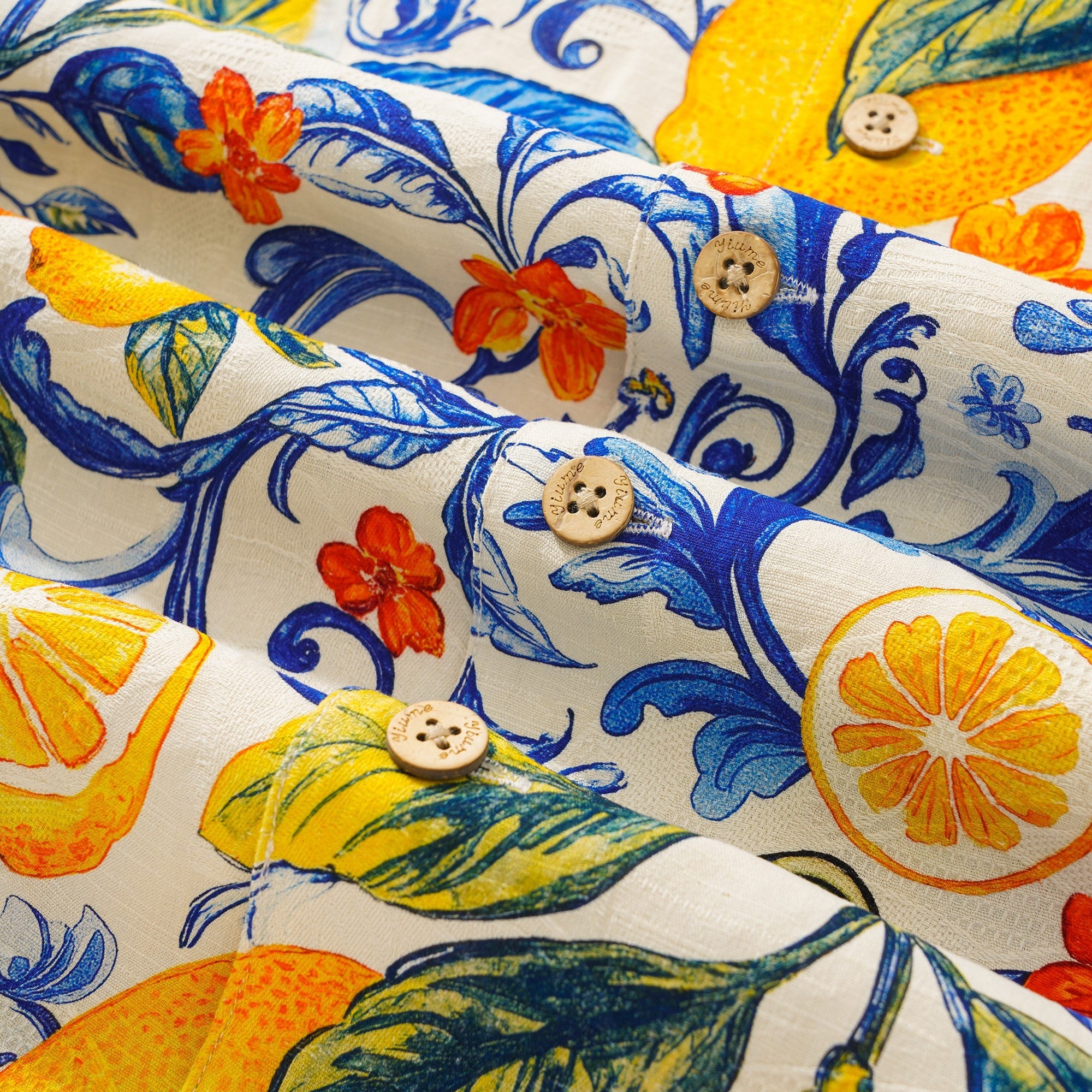 100% Silk Men's Hawaiian Shirt Short Sleeve Camp Collar 100% Silk Blue Aloha Sunlit Lemons By Mo