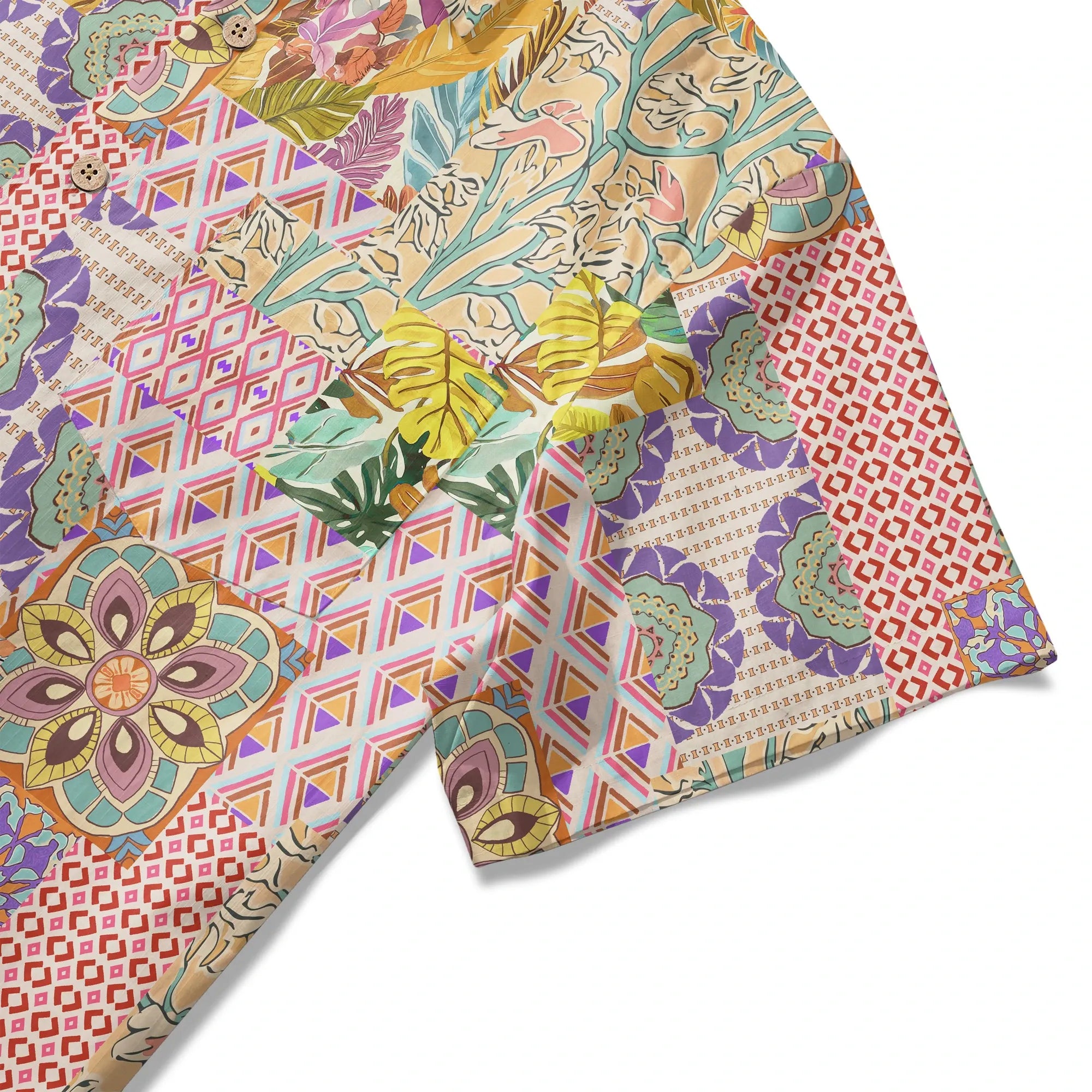 LeosWare® Men's Hawaiian Shirt Short Sleeve Button-up 100% Cotton Yellow Aloha Bohemian Patchwork Paradise By Huan huan