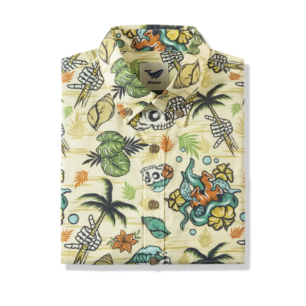 Men's Tropical Hawaiian Shirt 1990s Vintage Skull Shirt Short Sleeve Button-down100% Cotton Green Shirt Aloha Tropical Wilderness Skull By Laihha Organna