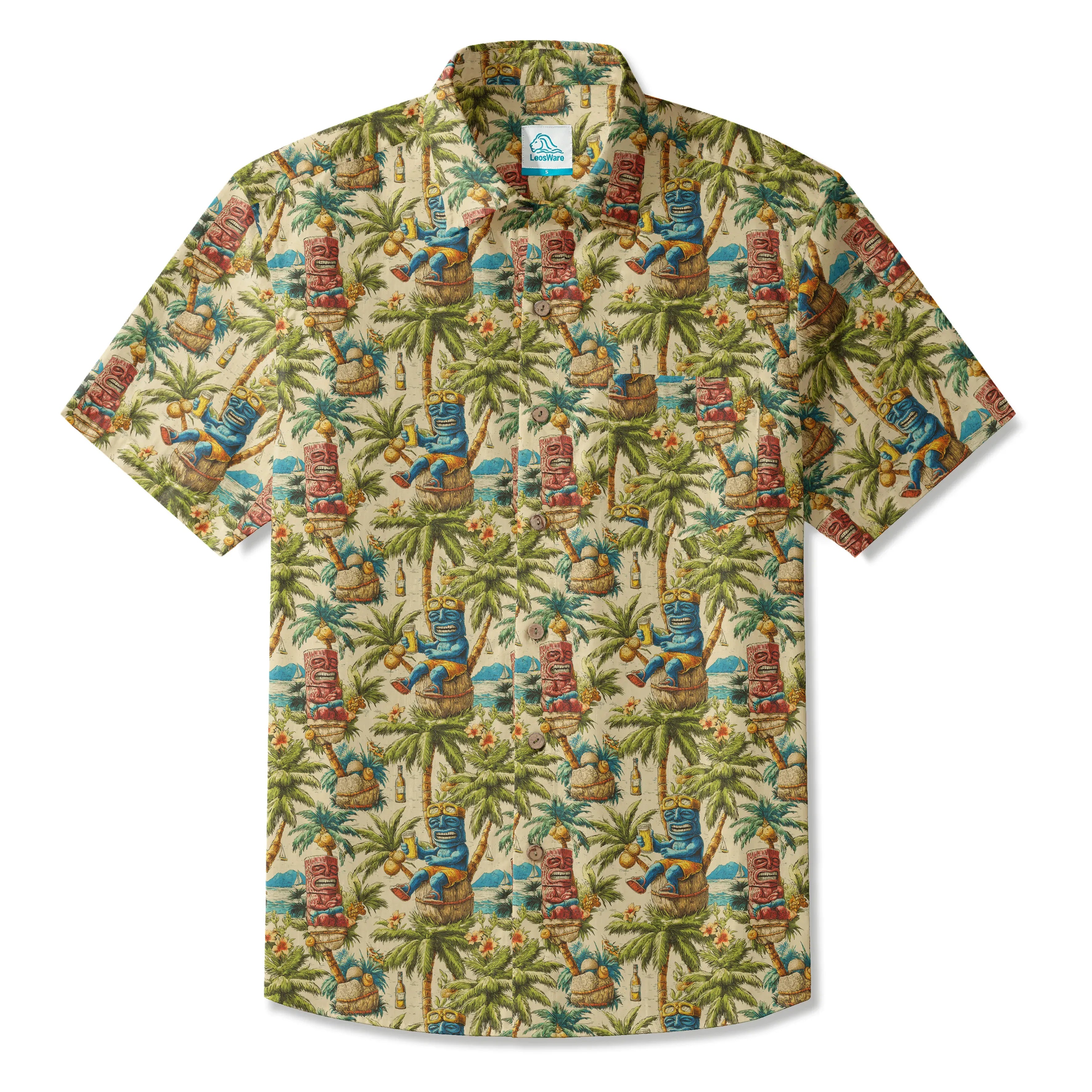 LeosWare® Men's Hawaiian Shirt Short Sleeve Button-up 100% Cotton Green Aloha Tiki's Coconut Grove Blissful Holiday By Ann