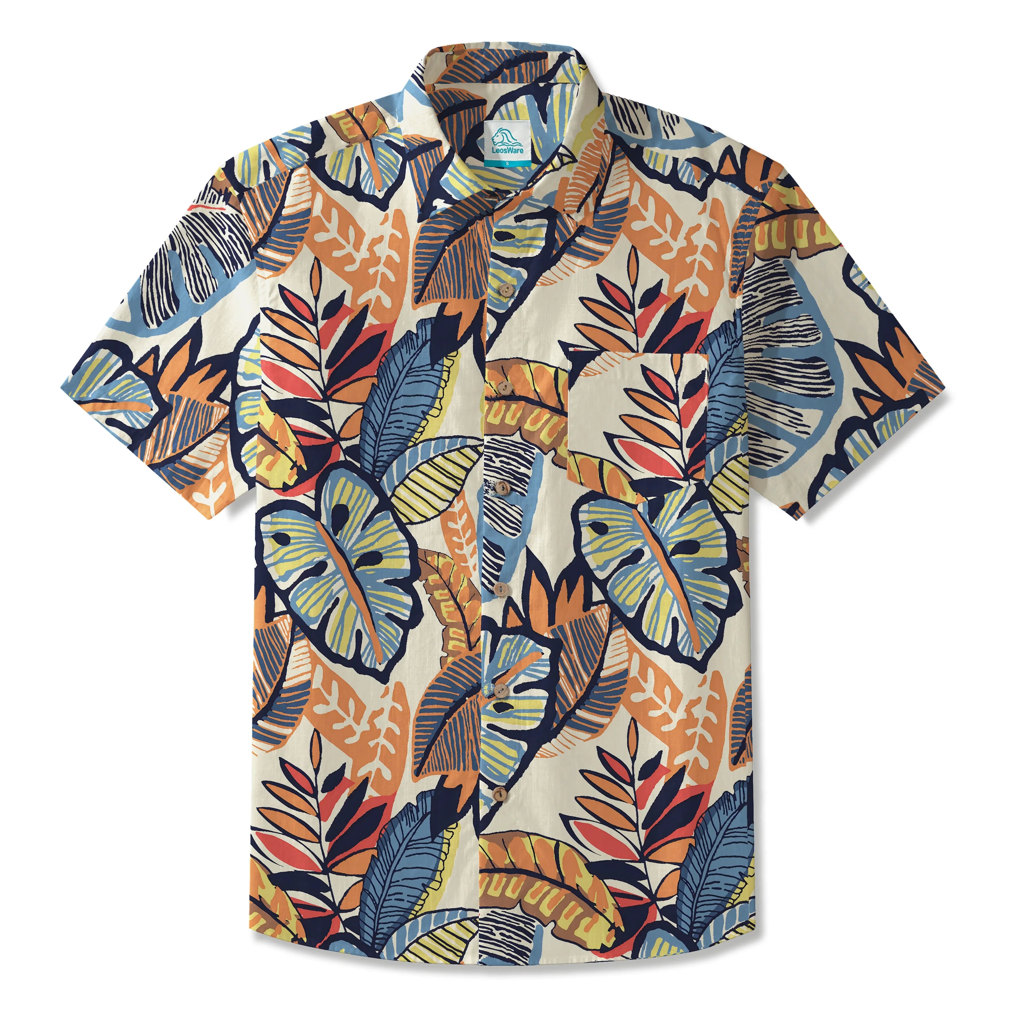LeosWare® Men's Hawaiian Shirt Short Sleeve Button-up 100% Cotton Orange Aloha Abstract Tropical Leaves By Patch