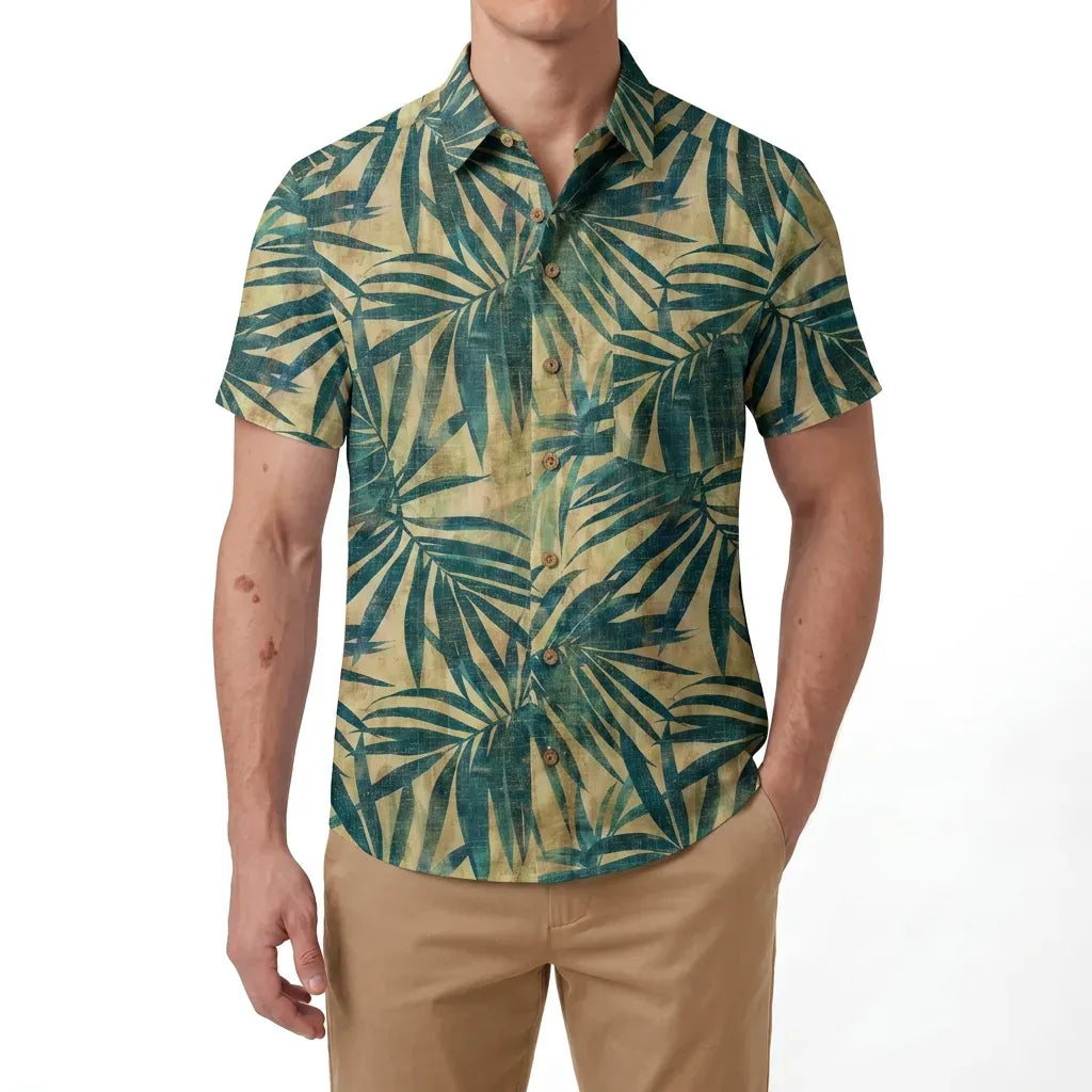 LeosWare® Men's Hawaiian Shirt Short Sleeve Button-up 100% Cotton Green Aloha Vintage Palm By Ann