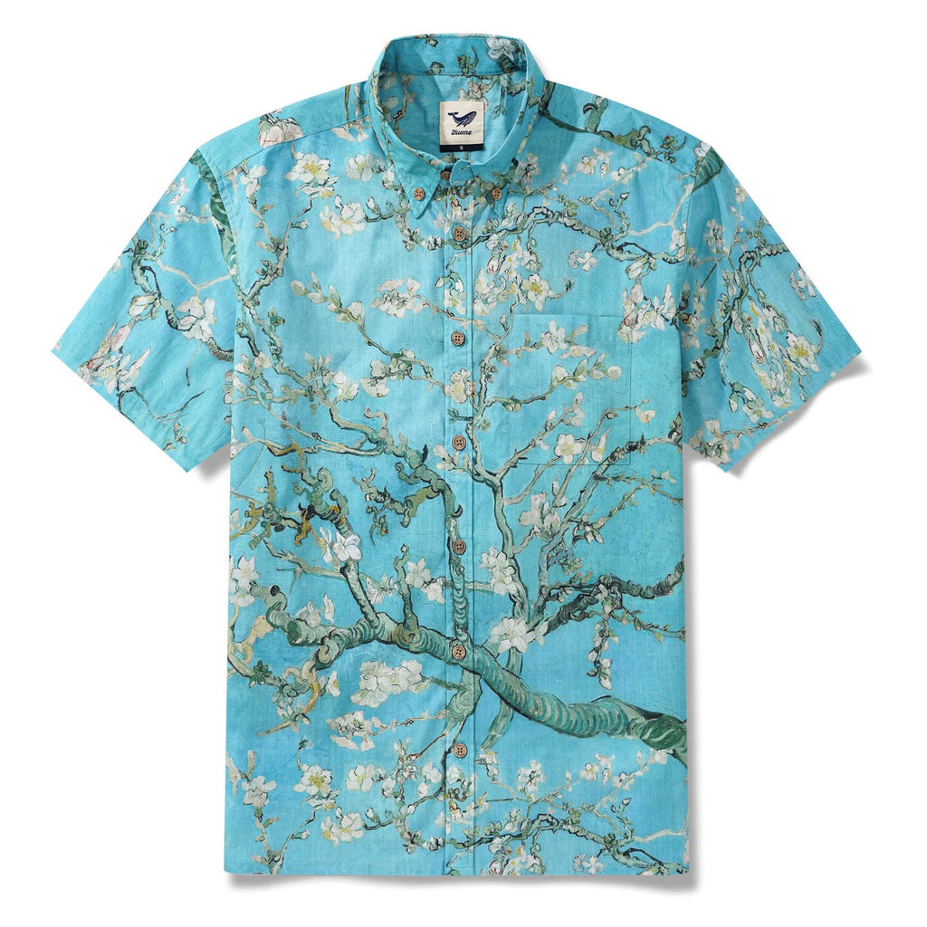 Men's Hawaiian Shirt Short Sleeve Button-down 100% Cotton Green Aloha Blossoming Almond By Sun