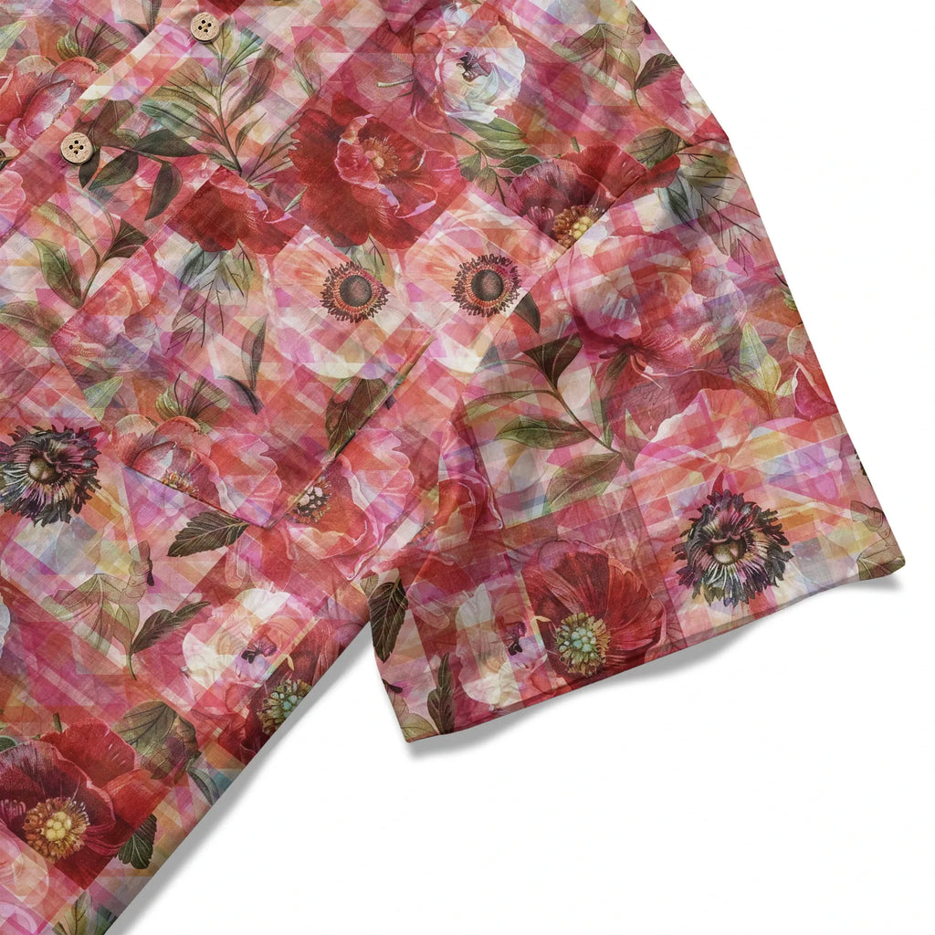 LeosWare® Plaid Men's Hawaiian Shirt Short Sleeve Button-up 100% Cotton Red Aloha Patterned Floral Impressions By Ann