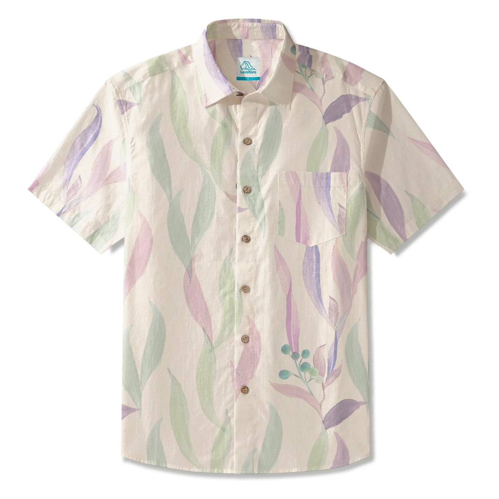 LeosWare® Men's Hawaiian Shirt Short Sleeve Button-up 100% Cotton Purple Aloha Spring Soft Colors By Patch