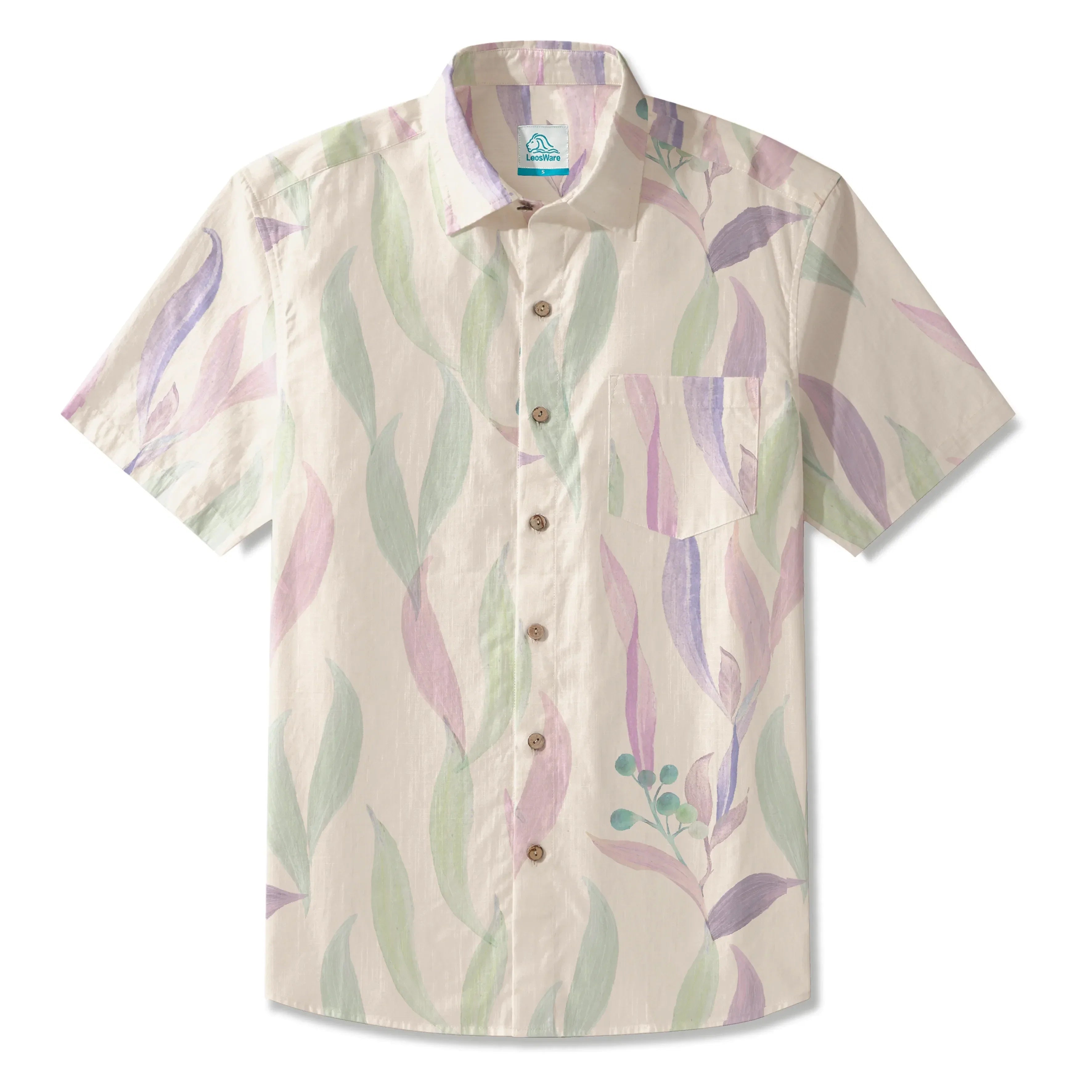 LeosWare® Men's Hawaiian Shirt Short Sleeve Button-up 100% Cotton Purple Aloha Spring Soft Colors By Patch