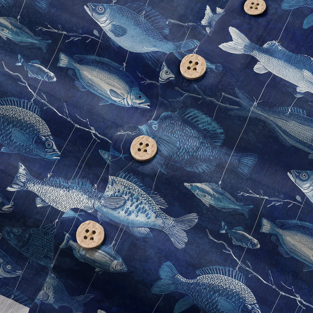 LeosWare® Men's Hawaiian Shirt Short Sleeve Button-up 100% Cotton Blue Aloha Blue Jazz Hanging Fish Pattern By Ann