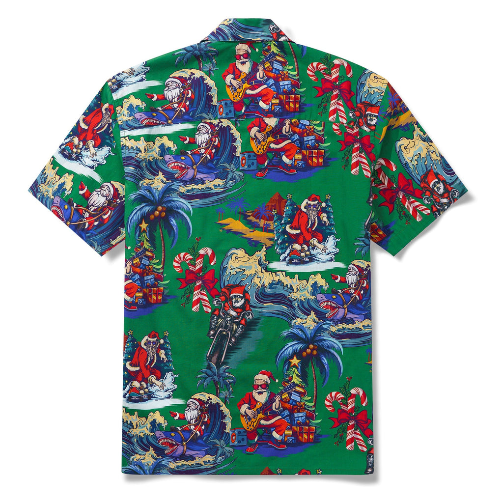 Christmas Santa Claus in Hawaii 100% Cotton Men's Aloha Hawaiian Short Sleeve Camp Collar Shirt By Yana