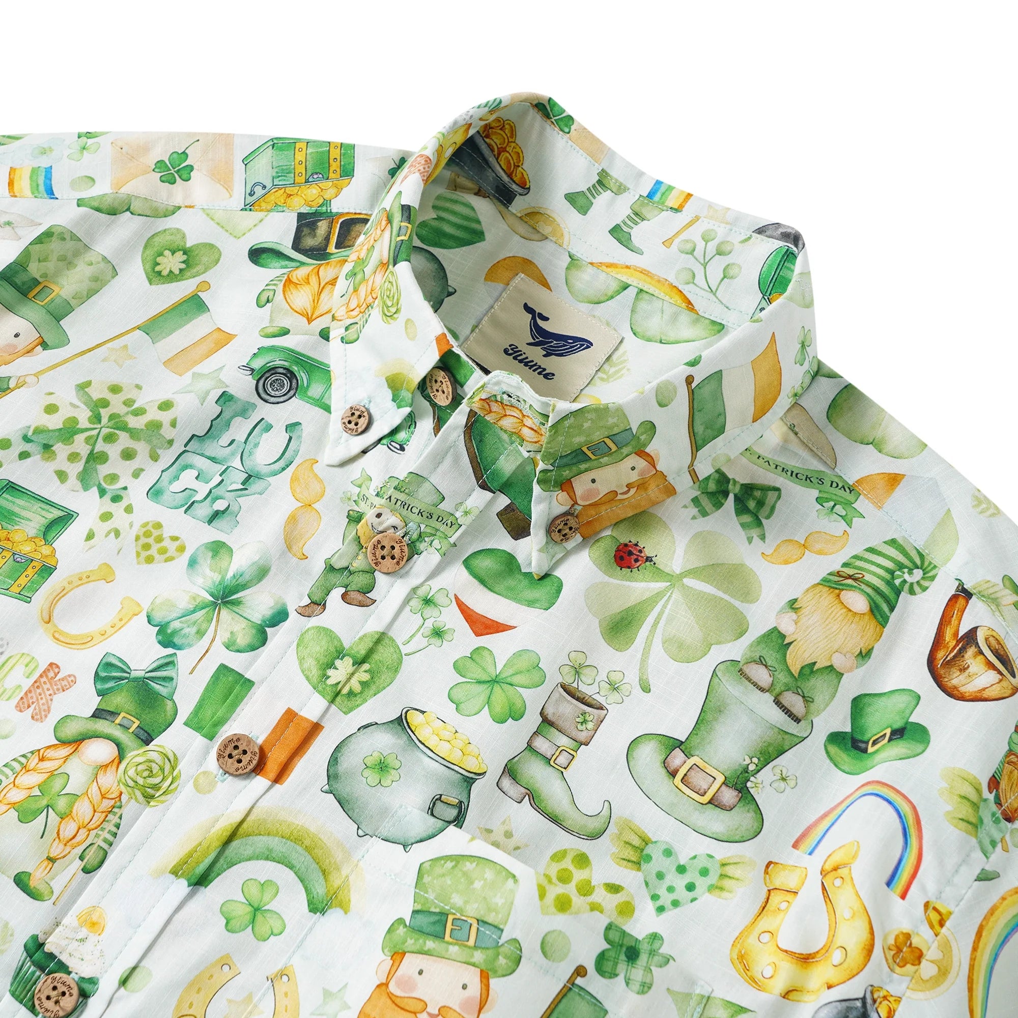 St. Patrick's Day Gift Men's Hawaiian Shirt Short Sleeve Button-down 100% Cotton Green Aloha Irish Elf Fantasia By Yana