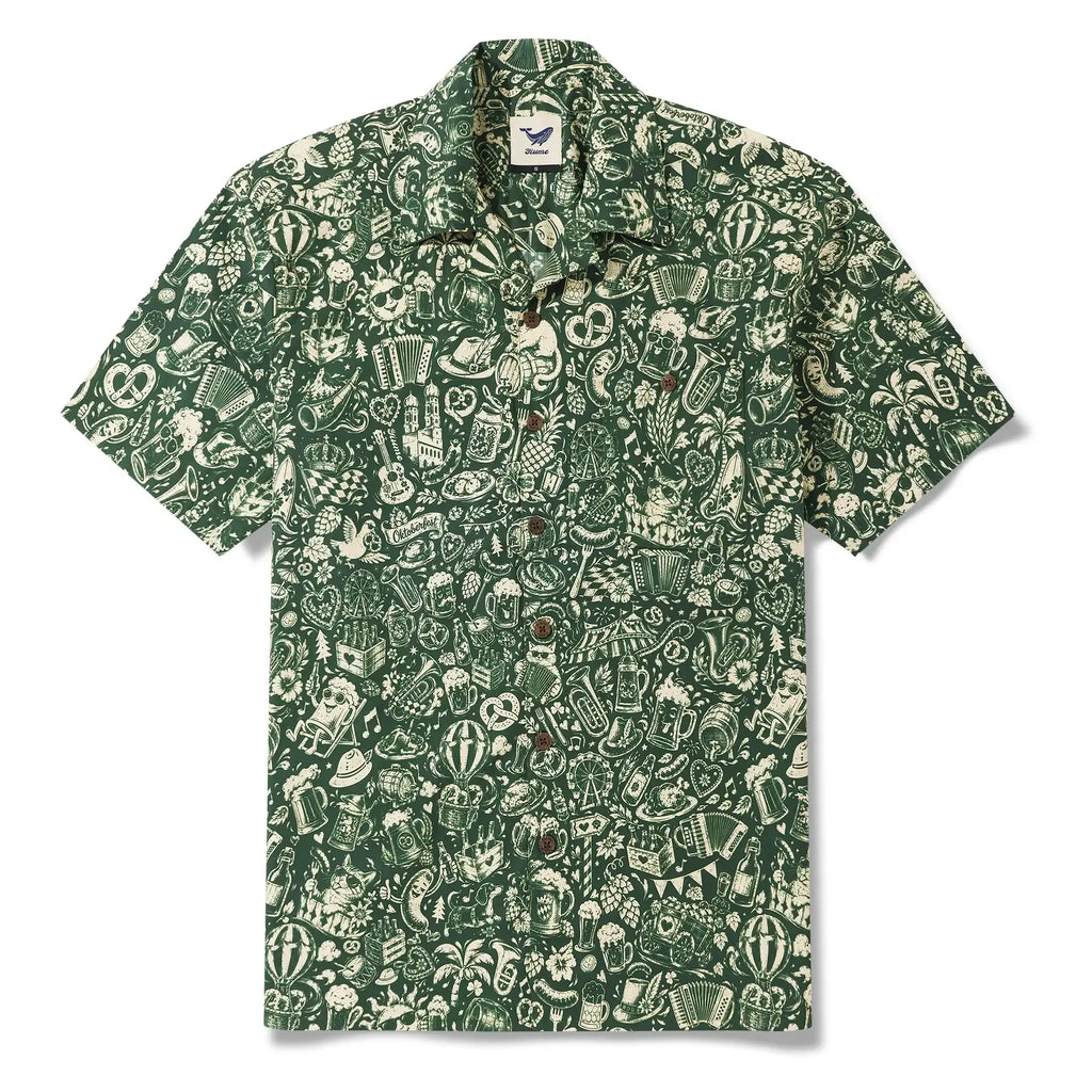Men's Hawaiian Shirt Short Sleeve Camp Collar 100% Cotton Green Aloha Vintage Beer Festival Cheer - Green By Cigar