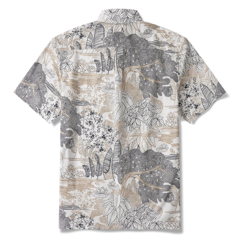 Botanical Oasis 100% Cotton Men's Short Sleeve Button-down Shirt Brown Aloha Hawaiian By Yakima