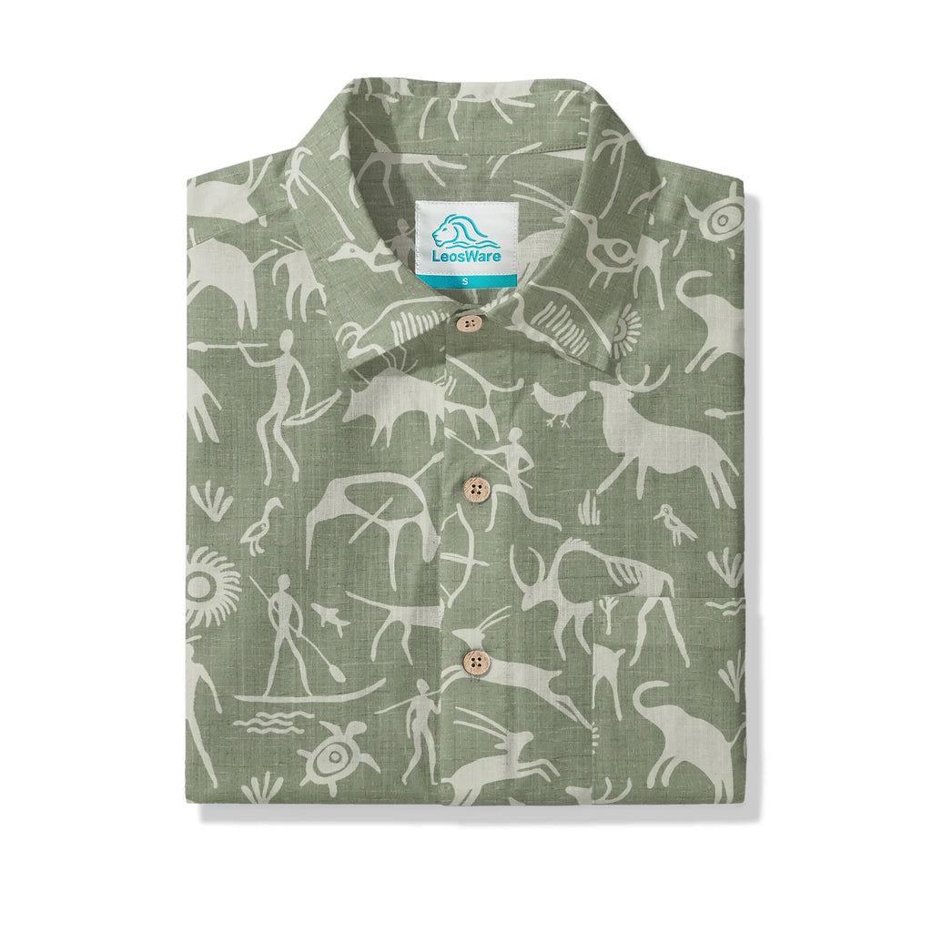LeosWare® Men's Hawaiian Shirt Short Sleeve Button-up 100% Cotton Green Aloha Sage Green Tribal Rock Painting By Huan huan