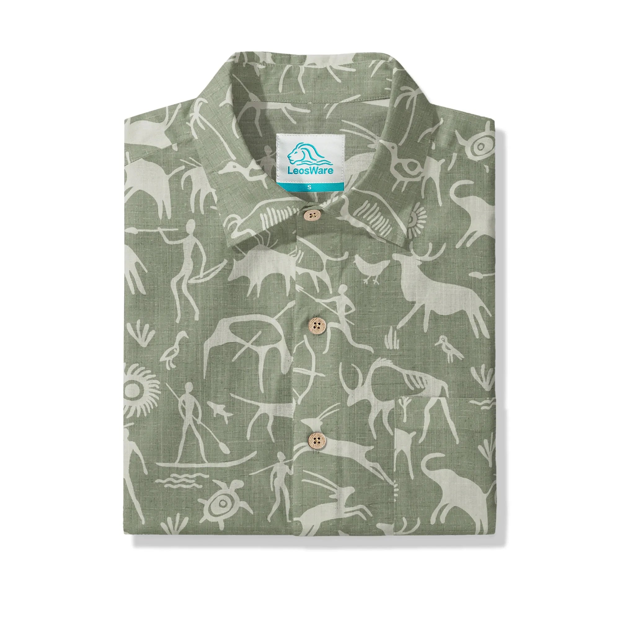 LeosWare® Men's Hawaiian Shirt Short Sleeve Button-up 100% Cotton Green Aloha Sage Green Tribal Rock Painting By Huan huan