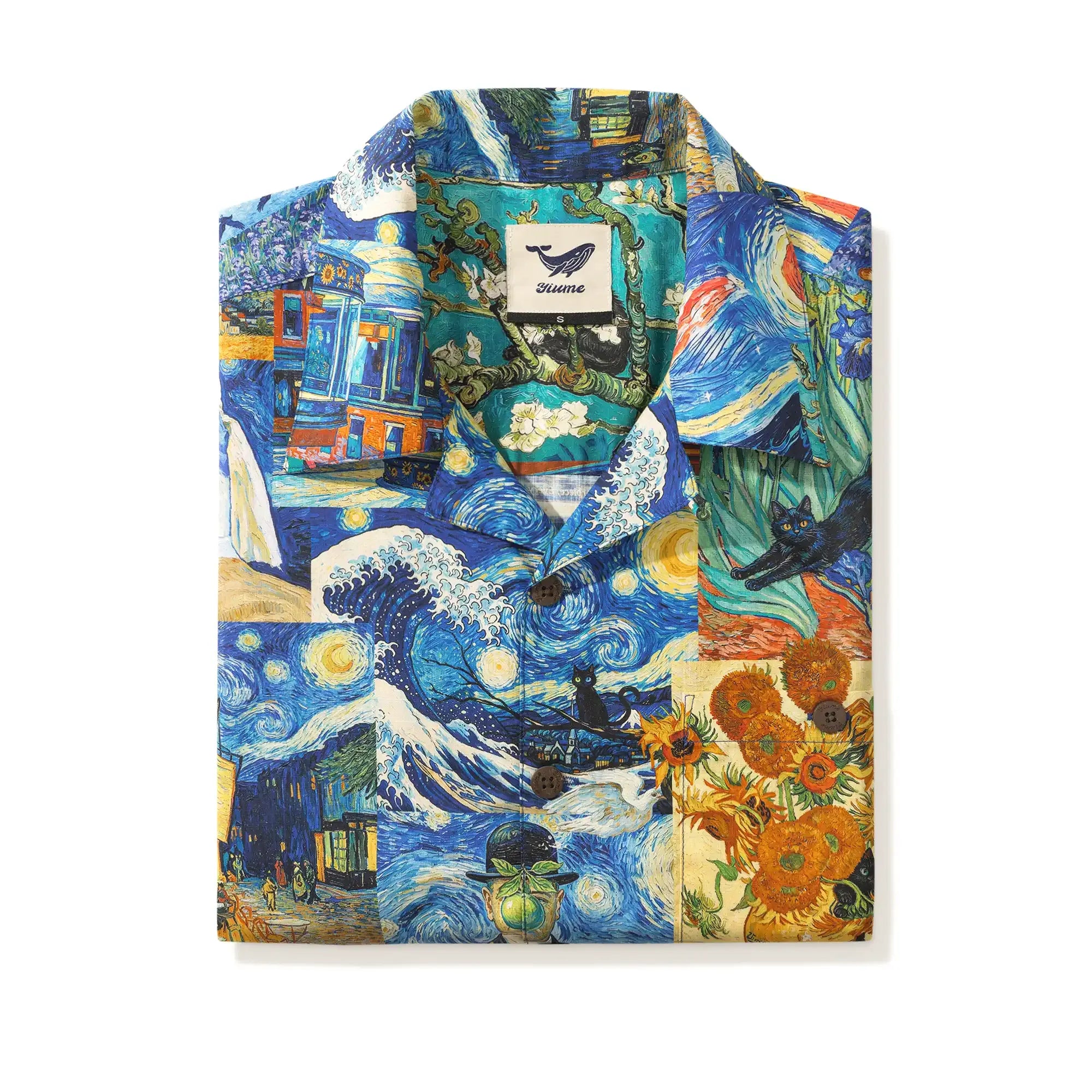 Men's Hawaiian Shirt Short Sleeve Camp Collar 100% Cotton Blue Aloha Starry Night Cat Fantasy By Mo