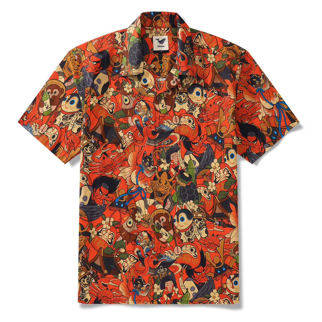 Men's Hawaiian Shirt Short Sleeve Camp Collar 100% Cotton Red Aloha Good Fortune Spirits By Zeke