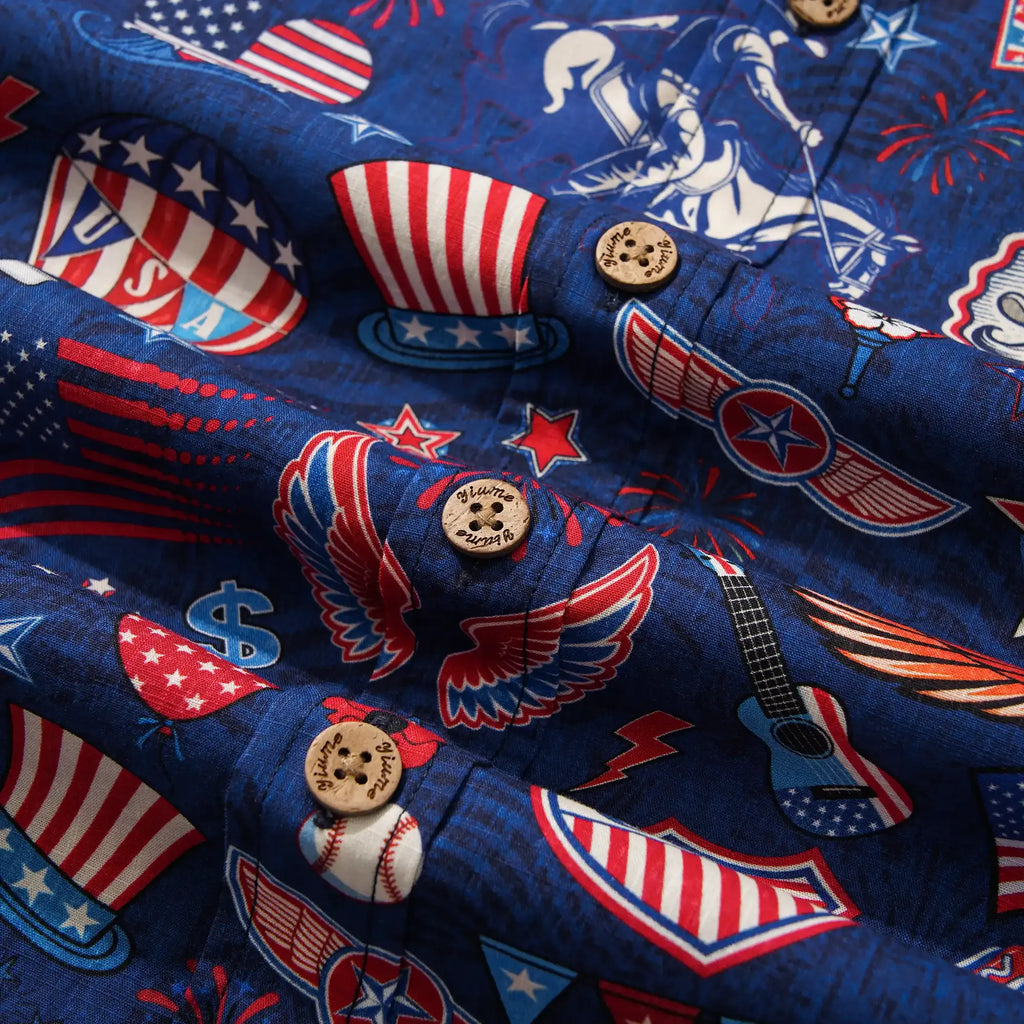 Men's Hawaiian Shirt Short Sleeve Button-down 100% Cotton Blue Aloha Liberty’s Patriot Canvas By Cigar