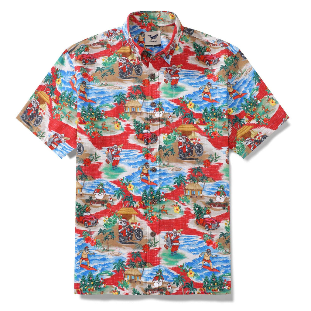 Christmas Santa's Wild Rides: Harley and Surf Men's Button-down Shirt 100% Cotton Santa Claus On A Harley By Amy