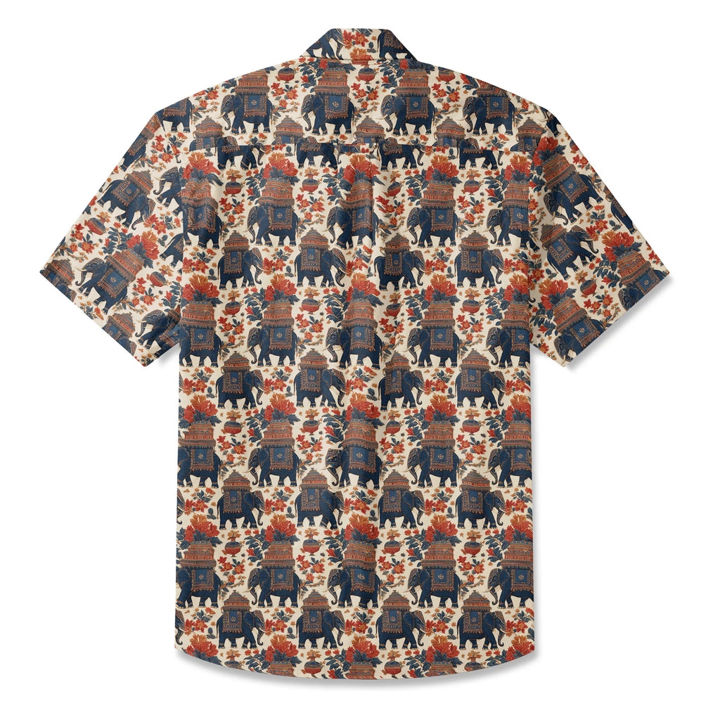 Elephant LeosWare® Men's Hawaiian Shirt Short Sleeve Button-up 100% Cotton Beige Aloha Temple Of The Elephant God By Ann