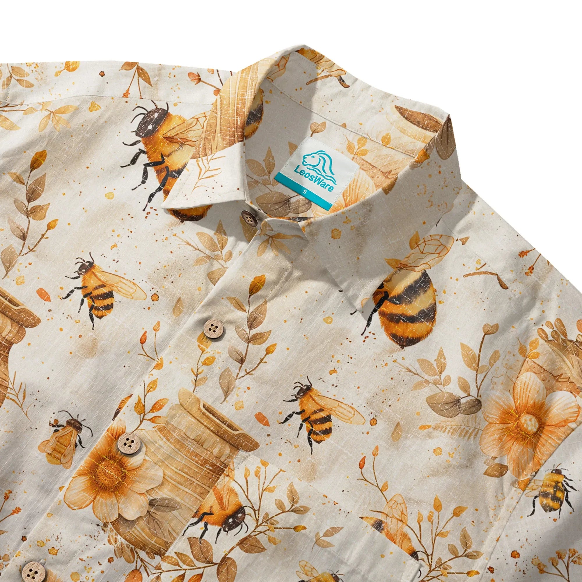 LeosWare® Men's Hawaiian Shirt Short Sleeve Button-up 100% Cotton Yellow Aloha Autumn Harvest In The Honey Garden Bee By Ann