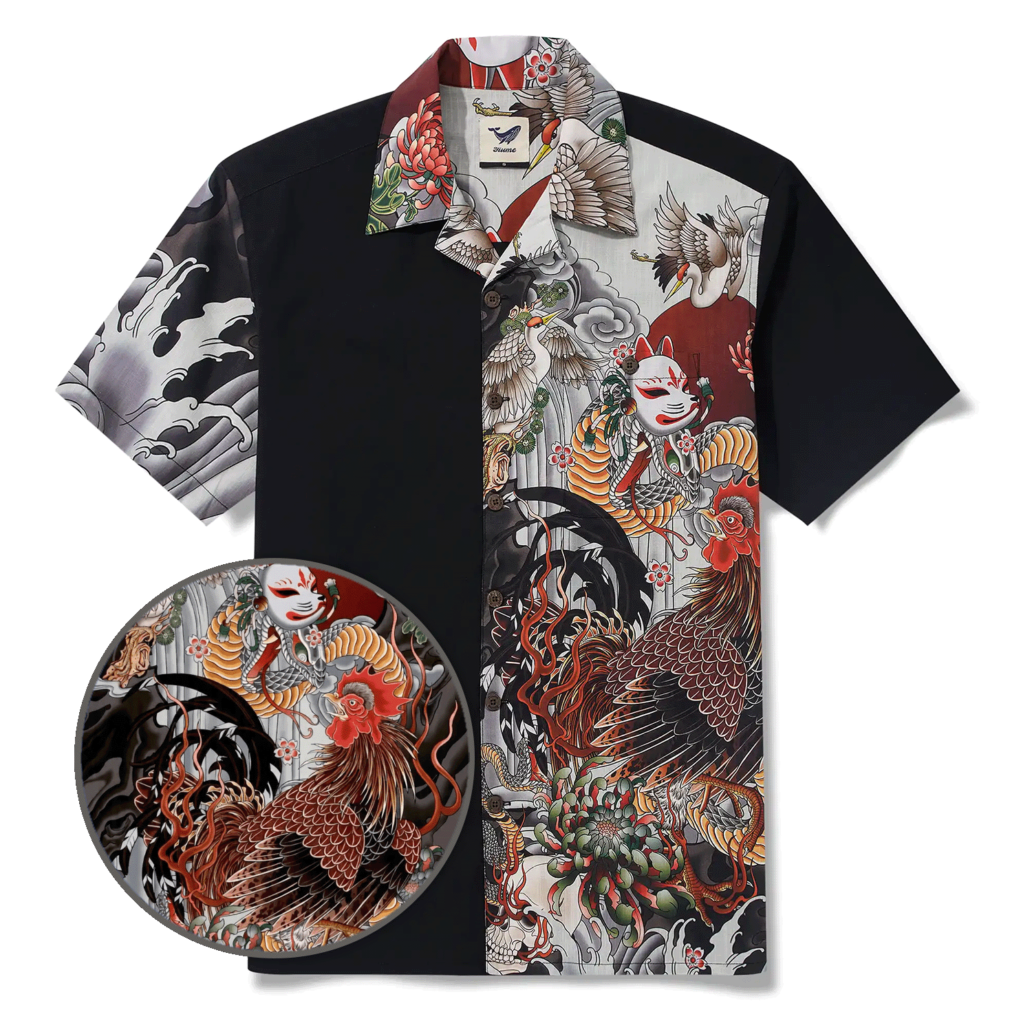 Chemise hawaïenne pour hommes à manches courtes, col camp, 100 % coton, masque Kitsune noir et coq Aloha, le mythe Edo par Huan huan