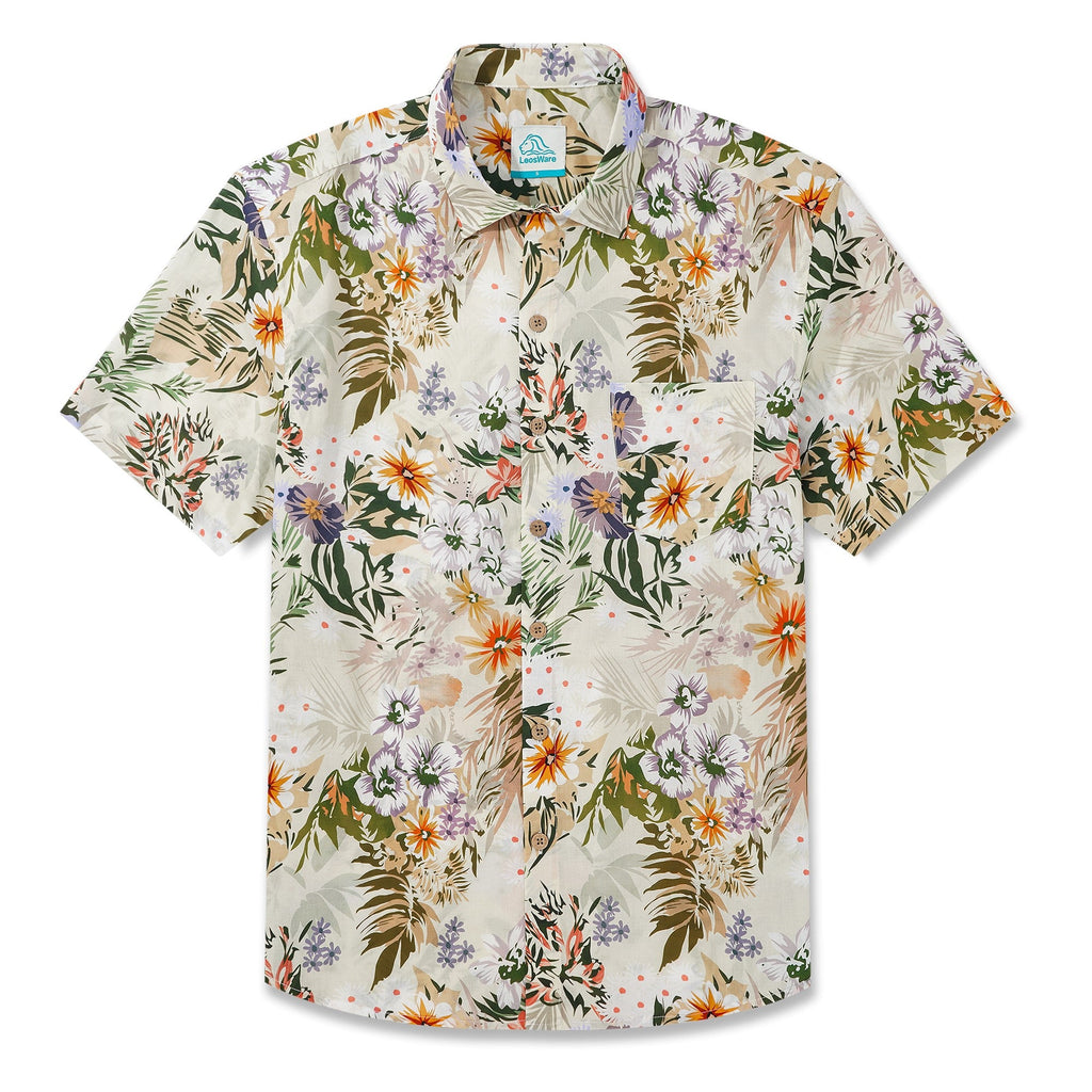 LeosWare® Men's Hawaiian Shirt Short Sleeve Button-up 100% Cotton Beige Aloha Tropical Flower Silhouette By Ethan