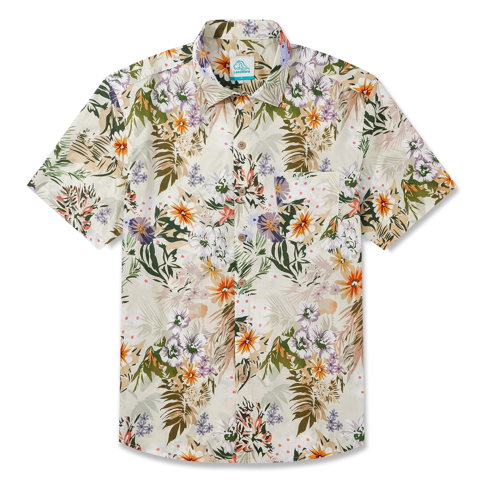 LeosWare® Men's Hawaiian Shirt Short Sleeve Button-up 100% Cotton Beige Aloha Tropical Flower Silhouette By Ethan