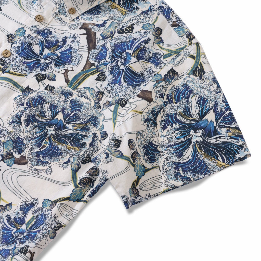 Ocean Waves on Branches 100% Cotton Men's Short Sleeve Button-down collar Shirt White Aloha Hawaiian By Sun