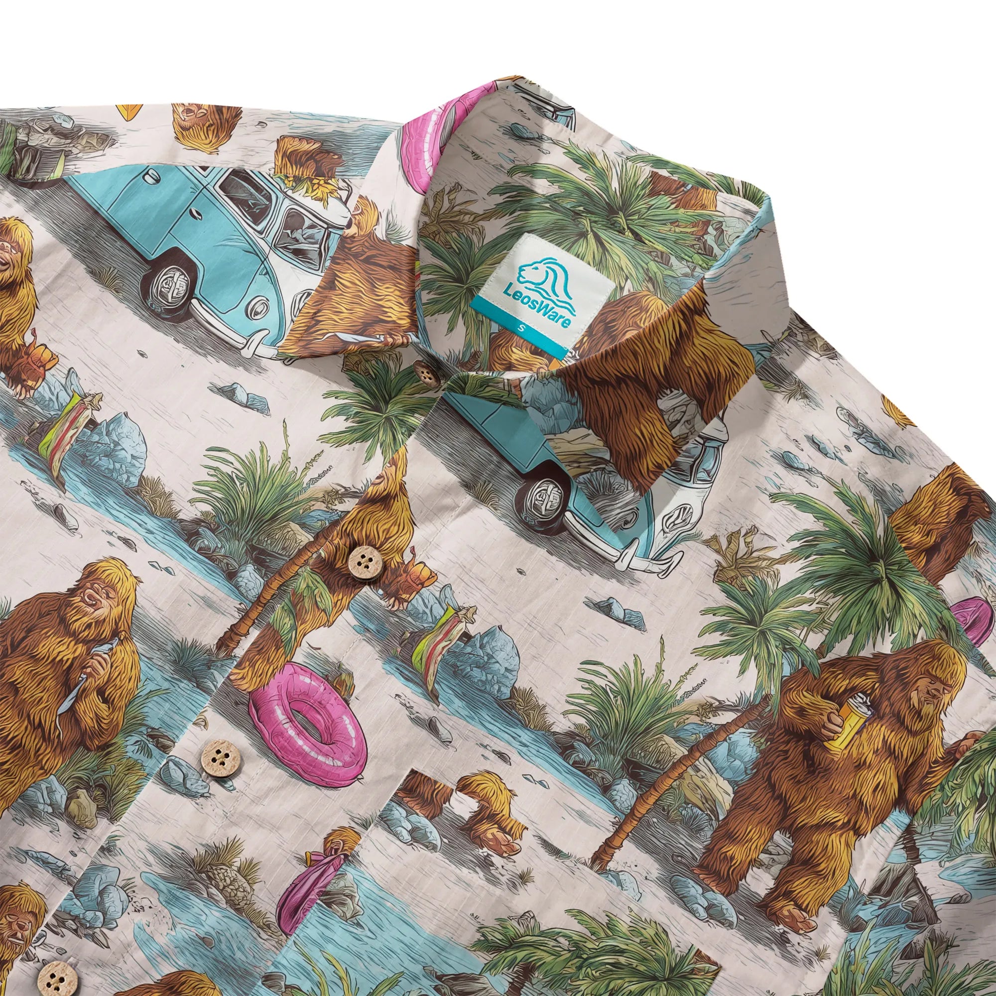 LeosWare® Men's Hawaiian Shirt Short Sleeve Button-up 100% Cotton Aloha Seaside Market Of The Bigfoot By Ann