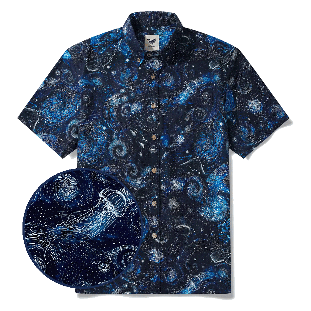 Men's Hawaiian Shirt Short Sleeve Button-down 100% Cotton Blue Aloha Dreams Of The Starry Sea Jellyfish Whale By Mo