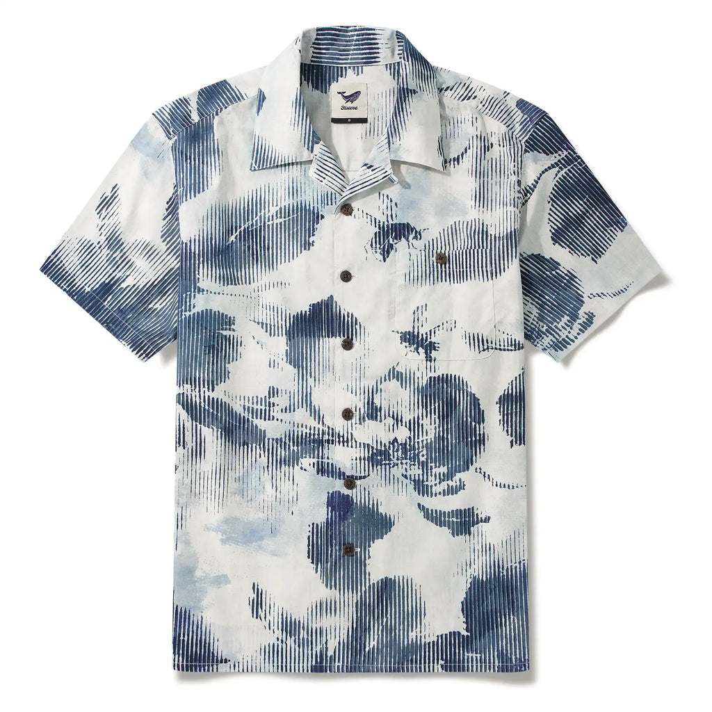 Bee Floral Men's Hawaiian Shirt Short Sleeve Camp Collar 100% Cotton Blue Aloha Floral Whispers In Halftone By Yeti