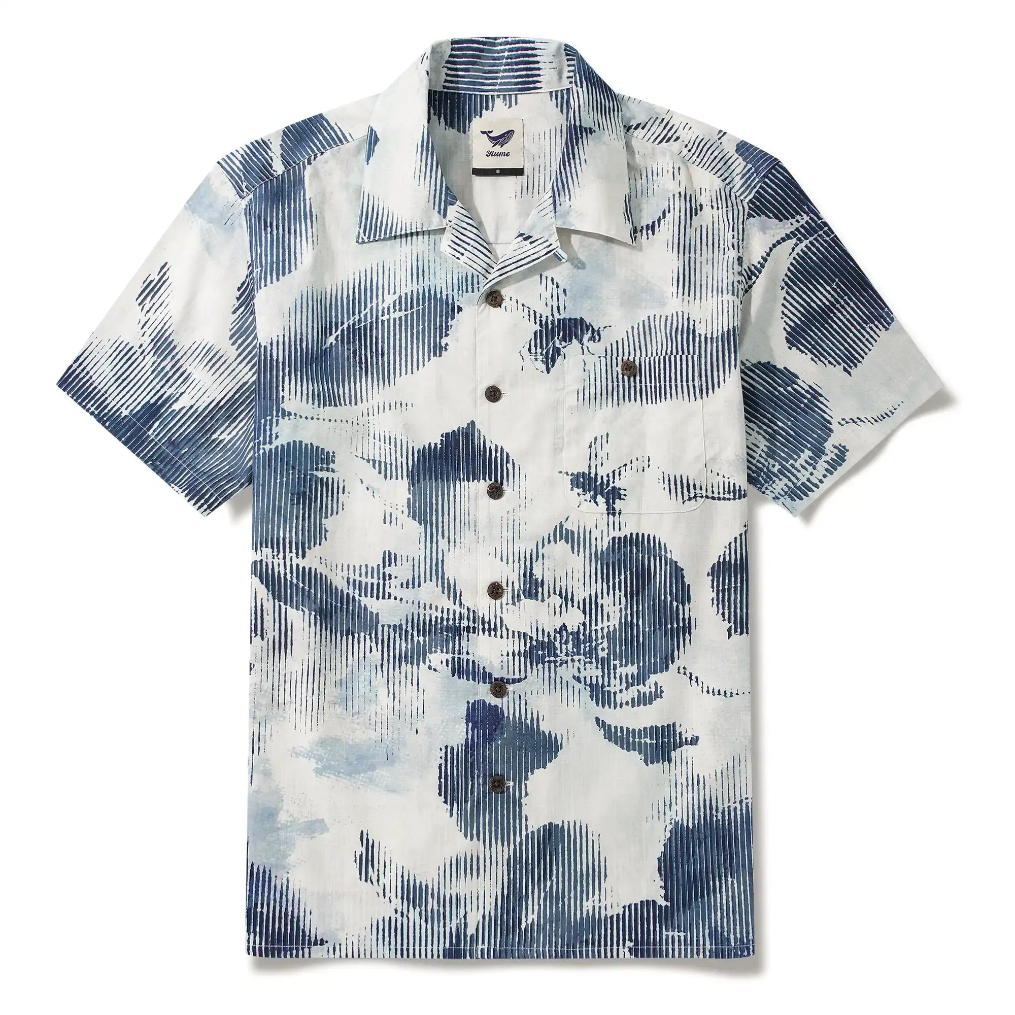 Bee Floral Men's Hawaiian Shirt Short Sleeve Camp Collar 100% Cotton Blue Aloha Floral Whispers In Halftone By Yeti