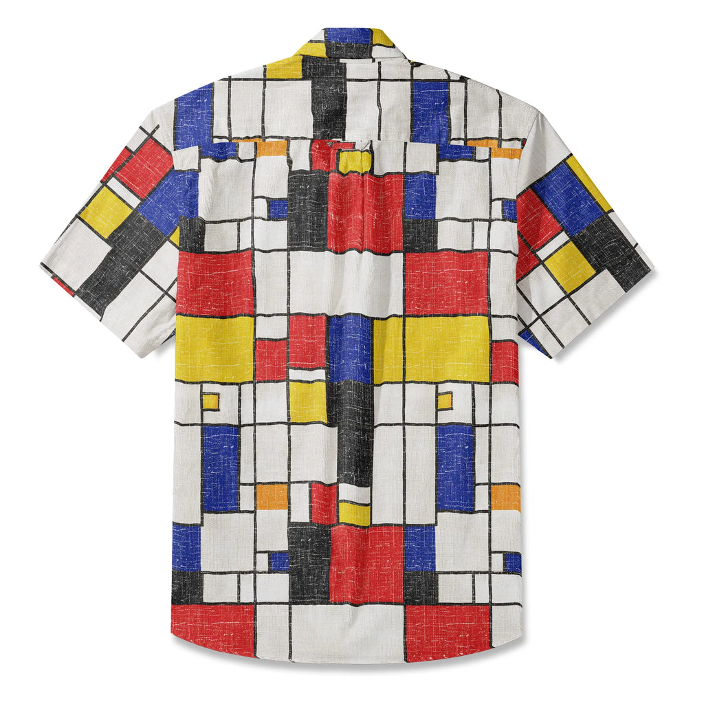 LeosWare® Men's Hawaiian Shirt Short Sleeve Button-up 100% Cotton White Aloha Mondrian Vintage Canvas By Ann