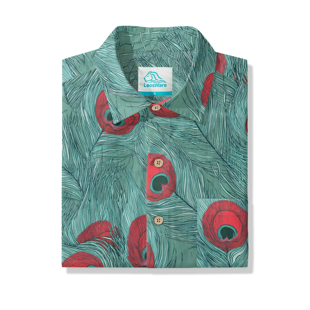 LeosWare® Men's Hawaiian Shirt Short Sleeve Button-up 100% Cotton Green Aloha Crimson Iris Blue Feathers By Ann