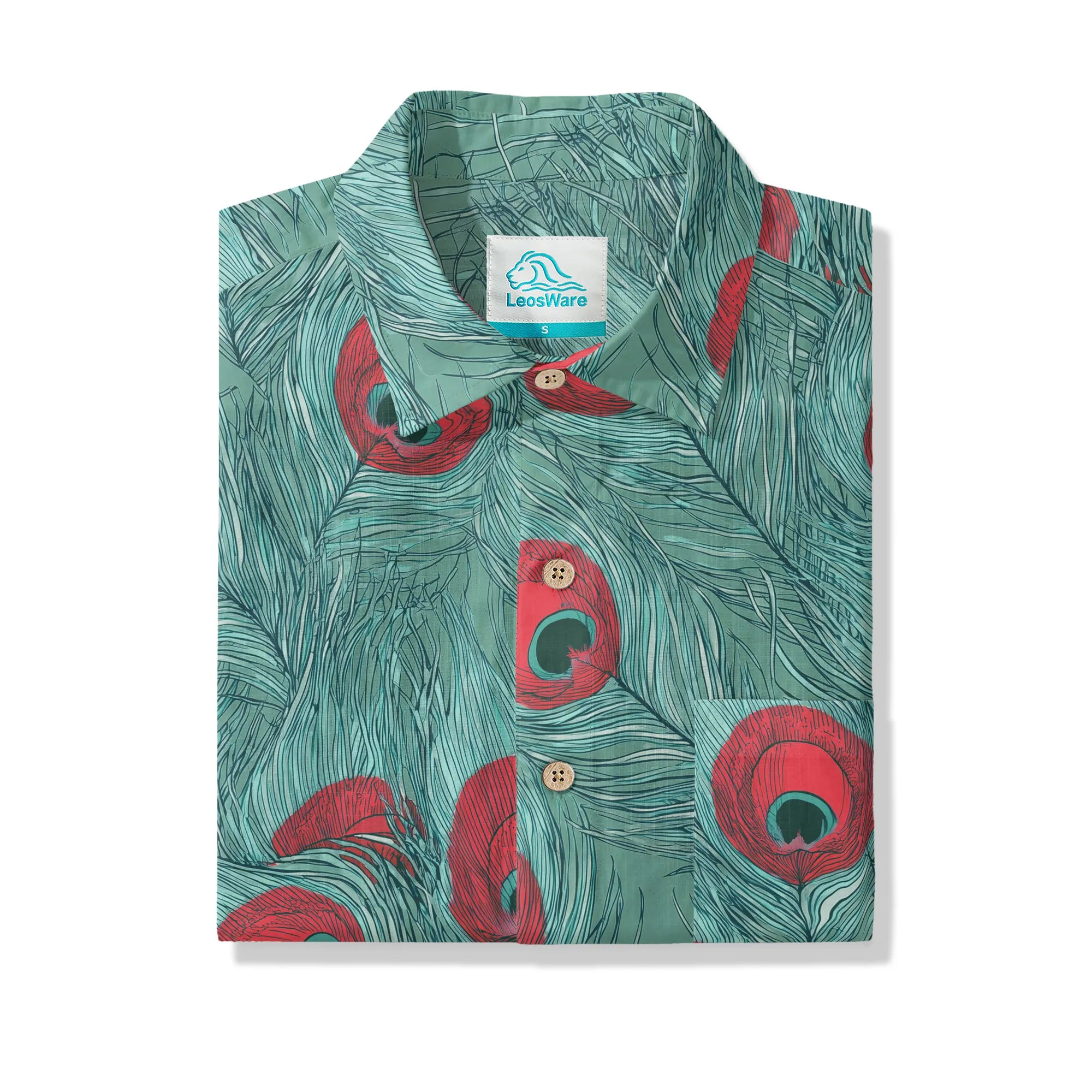 LeosWare® Men's Hawaiian Shirt Short Sleeve Button-up 100% Cotton Green Aloha Crimson Iris Blue Feathers By Ann
