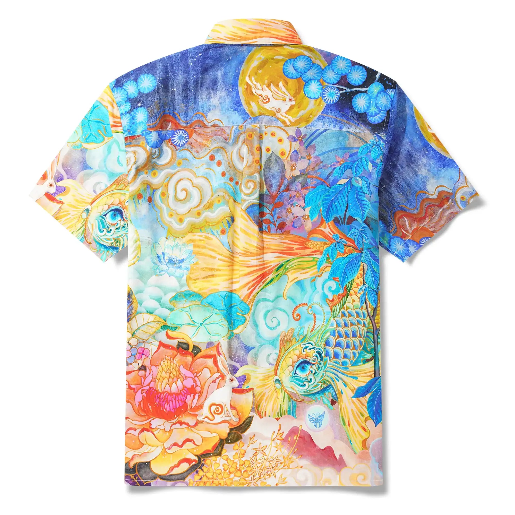 Yiume Men's Designer Hawaiian Shirt Cloud-wandering Koi Print Cotton Blue Aloha Shirt By Sylvia