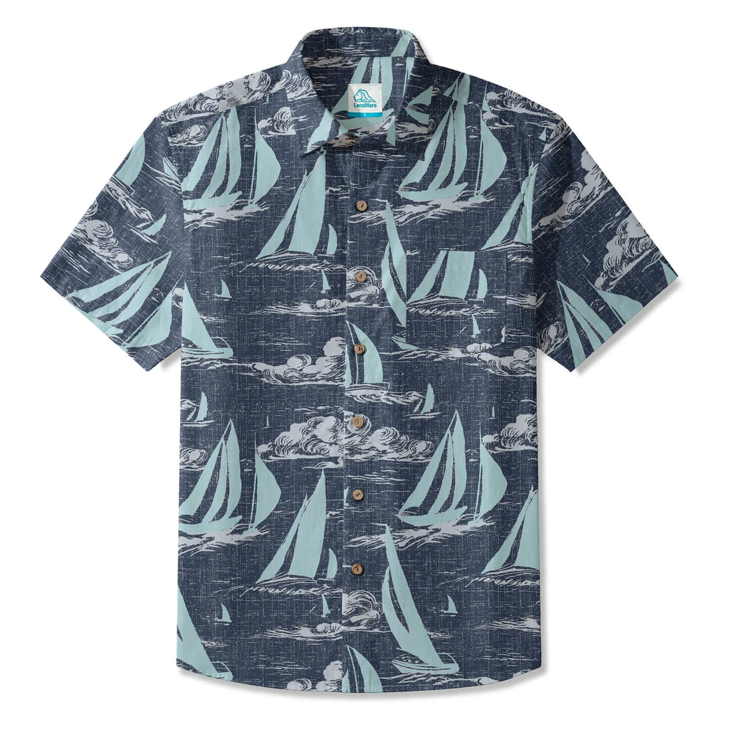 LeosWare® Sailboat Men's Hawaiian Shirt Short Sleeve Button-up 100% Cotton Blue Aloha Sailing To The Horizon By Ann