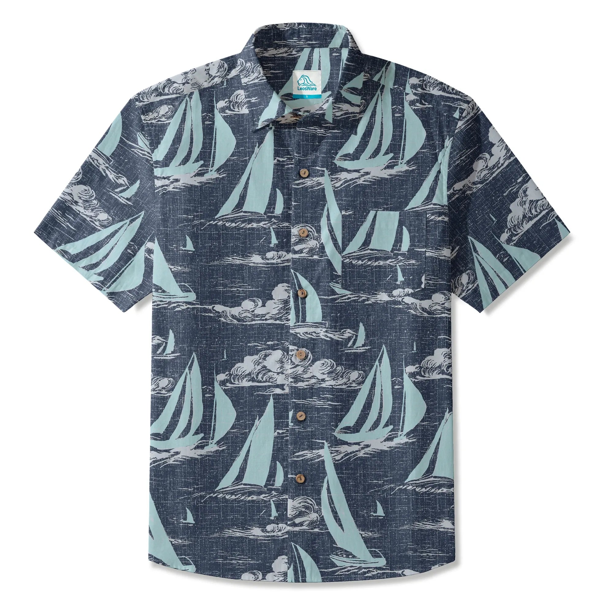 LeosWare® Sailboat Men's Hawaiian Shirt Short Sleeve Button-up 100% Cotton Blue Aloha Sailing To The Horizon By Ann