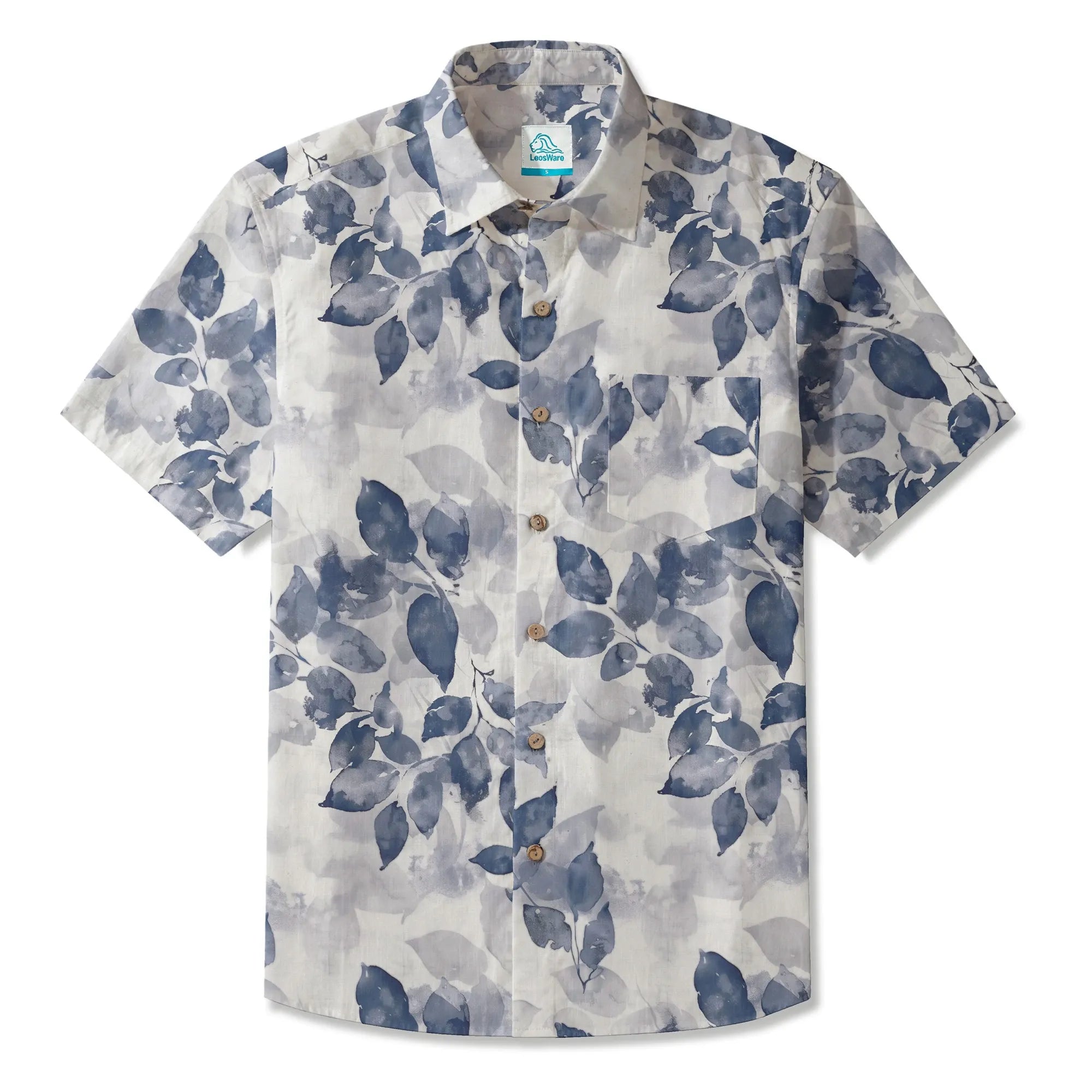 LeosWare® Men's Hawaiian Shirt Short Sleeve Button-up 100% Cotton Purple Aloha Ink Leaves And Sparse Shadows By Ann