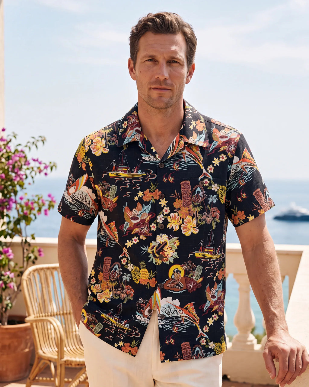 Tiki Men's Vintage Hawaiian Shirt Black Tiki Shirt Short Sleeve Camp Collar 100% Cotton Aloha Shirt Vintage Aloha By Sun