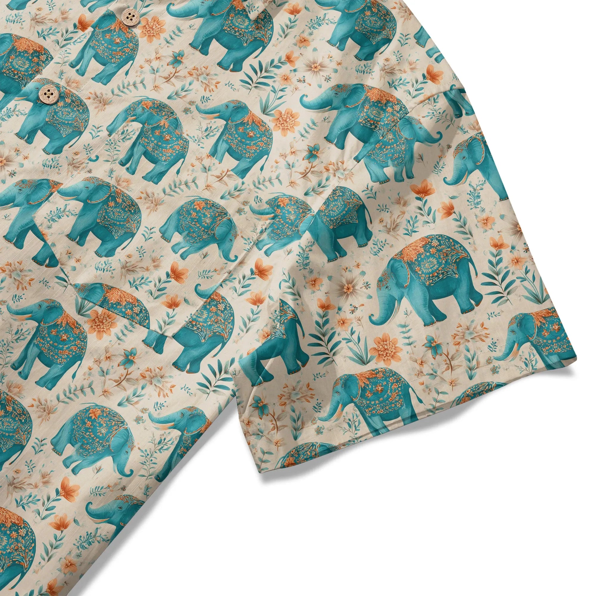 Elephant LeosWare® Men's Hawaiian Shirt Short Sleeve Button-up 100% Cotton Beige Aloha Blue Elephant Blossoms By Ann