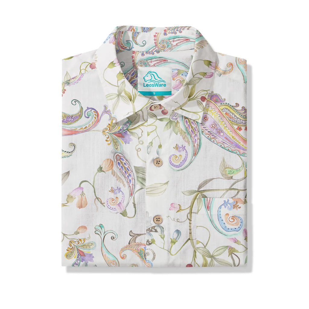 LeosWare® Men's Hawaiian Shirt Short Sleeve Button-up 100% Cotton Green Aloha Fantasy Paisley Garden By Huan huan