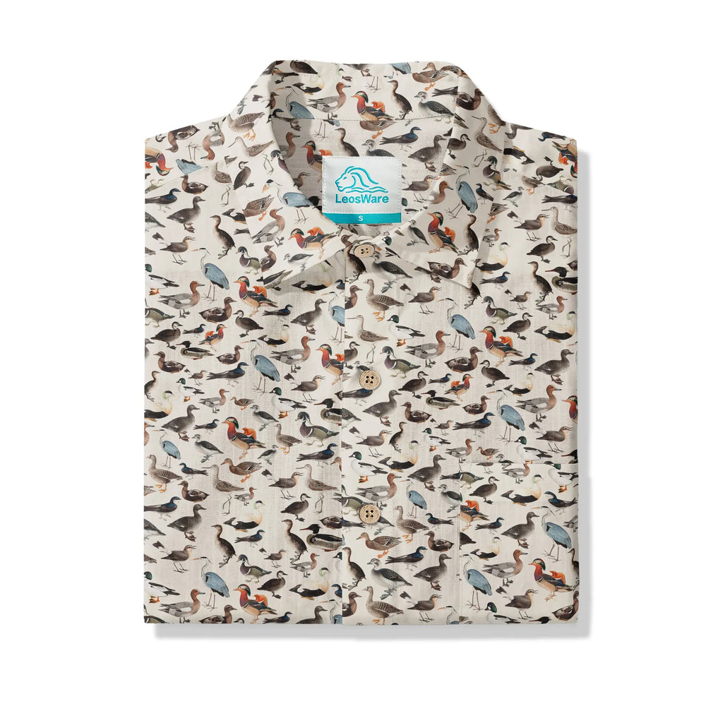 LeosWare® Men's Hawaiian Shirt Short Sleeve Button-up 100% Cotton Beige Aloha Avian Encyclopedia By Ann