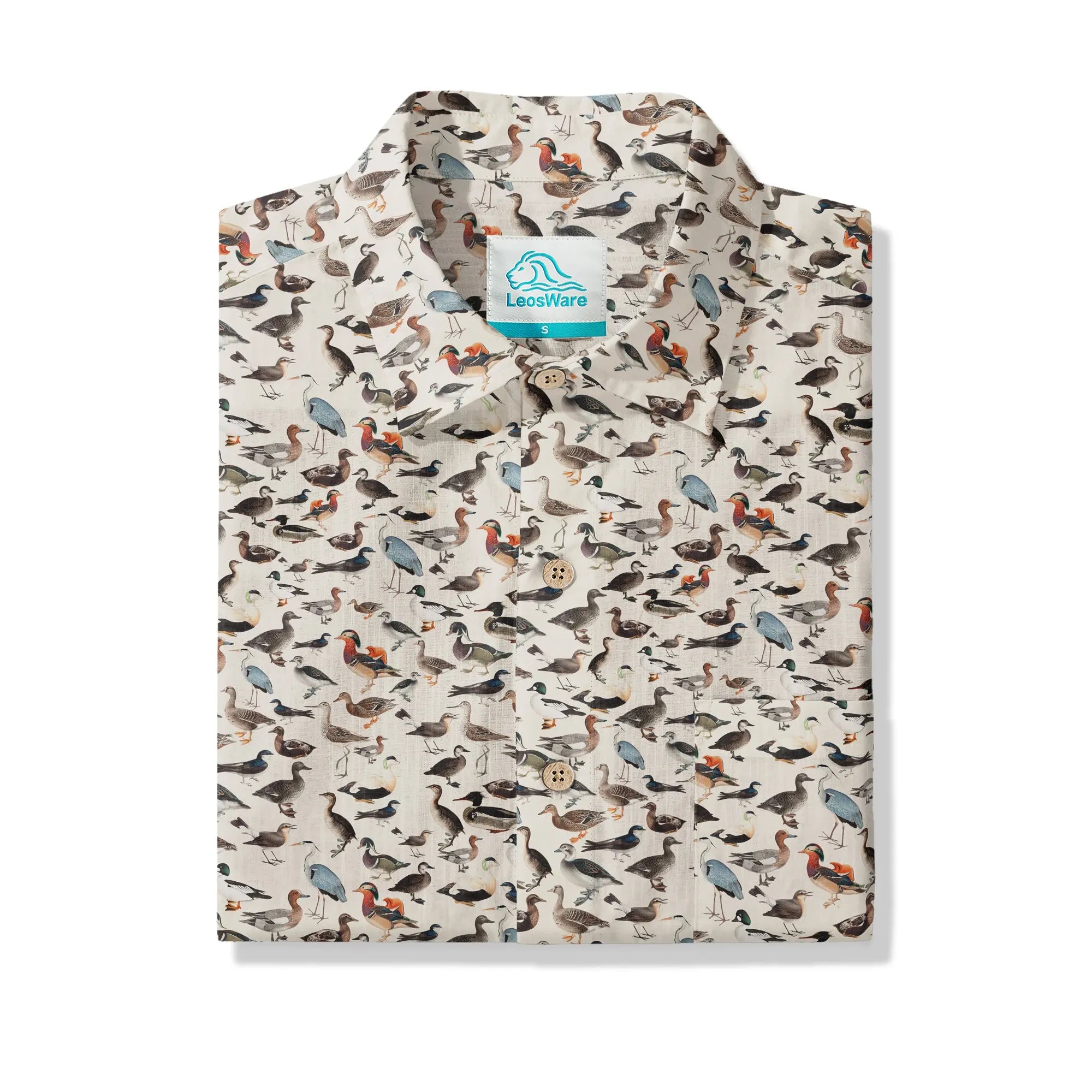 LeosWare® Men's Hawaiian Shirt Short Sleeve Button-up 100% Cotton Beige Aloha Avian Encyclopedia By Ann