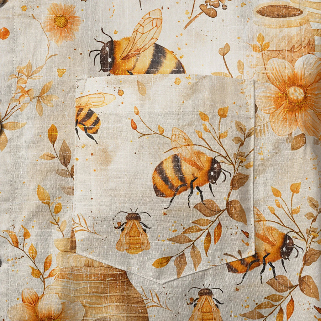 LeosWare® Men's Hawaiian Shirt Short Sleeve Button-up 100% Cotton Yellow Aloha Autumn Harvest In The Honey Garden Bee By Ann