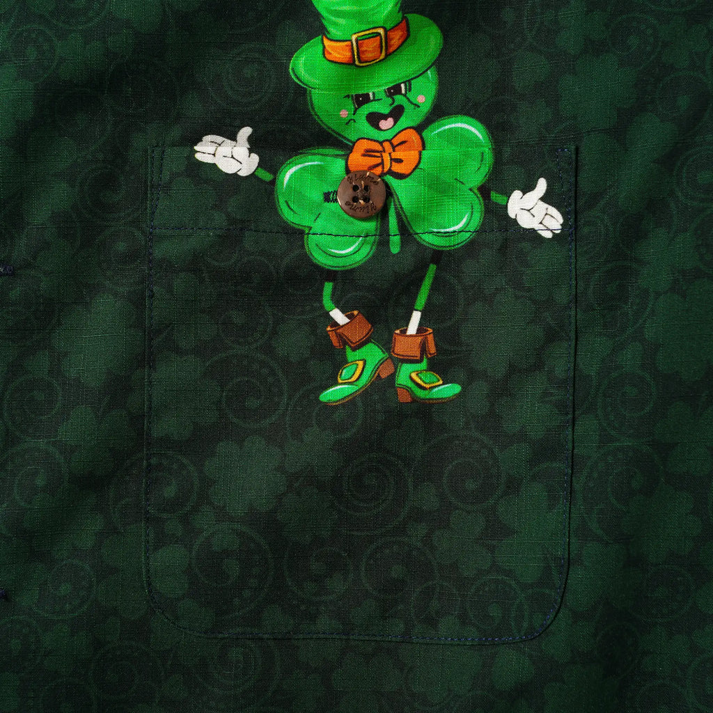 St. Patrick's Day Gift Men's Hawaiian Bowling Shirt Short Sleeve Camp Collar 100% Cotton Green Aloha Lucky Clover Mascot By Huan huan