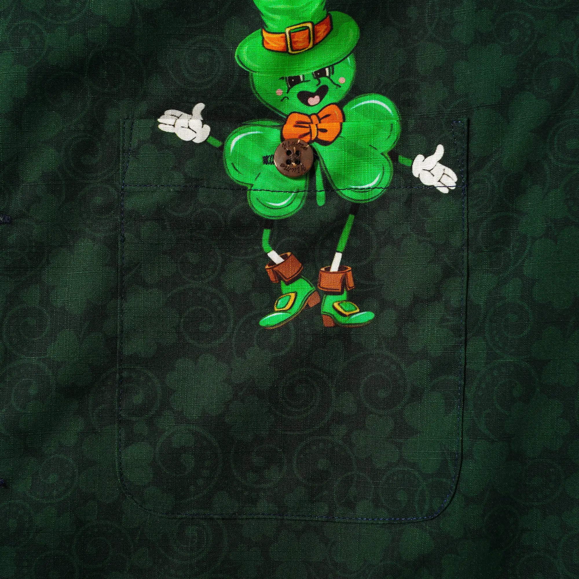 St. Patrick's Day Gift Men's Hawaiian Bowling Shirt Short Sleeve Camp Collar 100% Cotton Green Aloha Lucky Clover Mascot By Huan huan