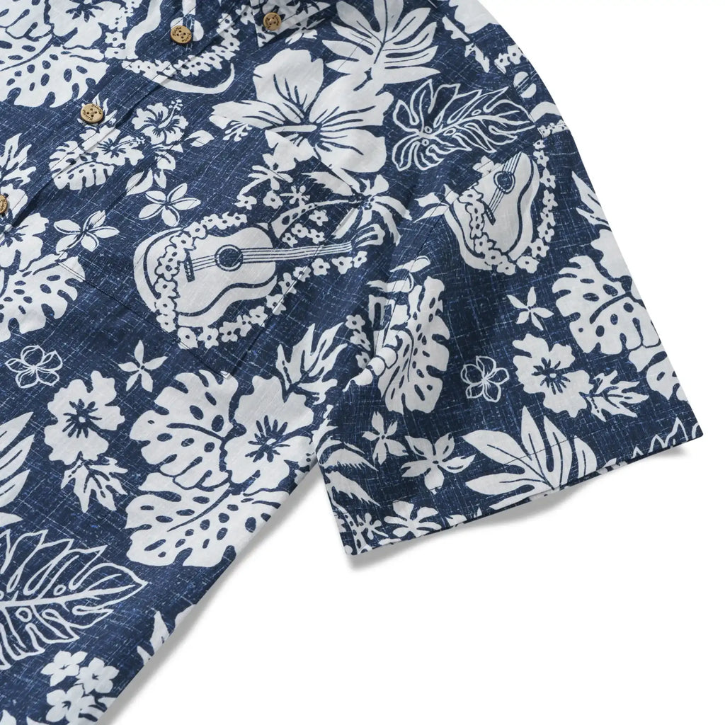 Men's Hawaiian Shirt Short Sleeve Button-down 100% Cotton Blue Aloha Island Ukulele By DUDU