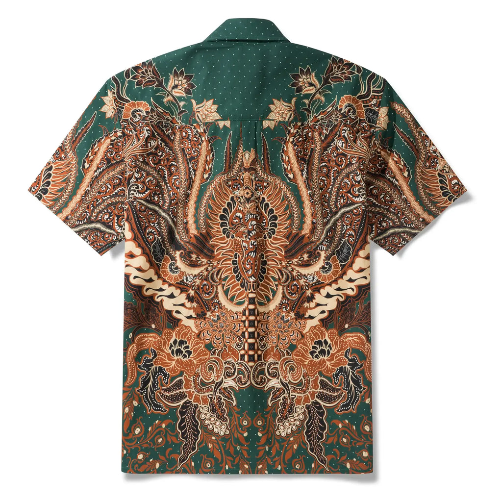 Indian Style Men's Hawaiian Shirt Short Sleeve Button-down 100% Cotton Green Aloha Phoenix Rebirth By Yana