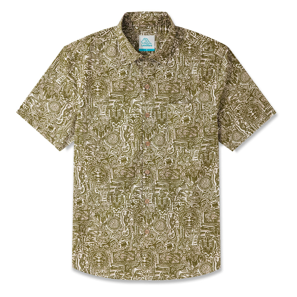LeosWare® Men's Hawaiian Shirt Short Sleeve Button-up 100% Cotton Yellow Aloha Exotic Tribal Art Patterns By Ethan